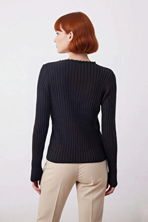 Kadın Zarif Siyah Ribanalı Fitted Kazak Transparan V Yaka Detaylı Günlük Şık Uzun Kollu Kaliteli