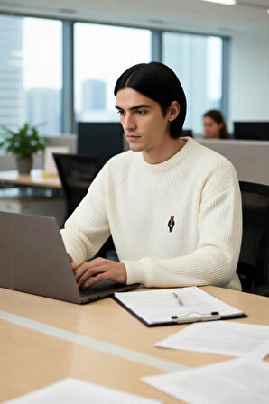 Erkek Oversize Selanik Dokuma Bisiklet Yaka Ayı Nakışlı Kışlık Uzun Kollu Triko Kazak Kaliteli