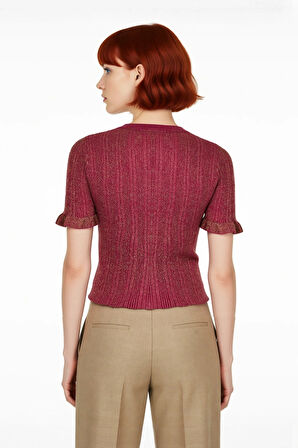 Kadın Fitted Kesim Simli İnce Triko Bluz Bisiklet Yaka Fırfır Kollu Crop Model Modern Stil