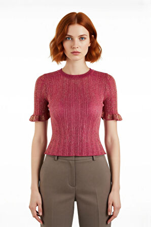 Kadın Fitted Kesim Simli İnce Triko Bluz Bisiklet Yaka Fırfır Kollu Crop Model Modern Stil