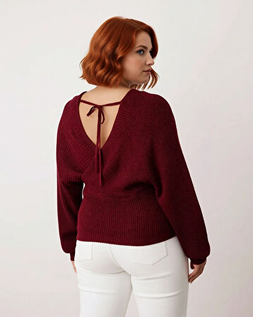 Kadın Regular Fit Selanik Dokuma Kruvaze Triko Kazak V Yaka Uzun Kol Bağlamalı Kışlık Günlük Şık