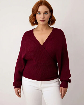 Kadın Regular Fit Selanik Dokuma Kruvaze Triko Kazak V Yaka Uzun Kol Bağlamalı Kışlık Günlük Şık