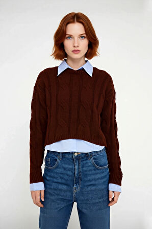 Kadın Süper Crop Triko Kazak Regular Kesim Gömlek Garnili Kışlık Akrilik Saç Örgü Detaylı Kaliteli