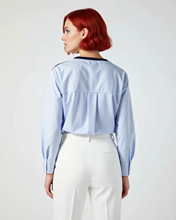 Kadınlar İçin Konforlu V Yaka Relaxed Kalıp Uzun Boy Çizgili Gömlek Detaylı Triko Kazak Kaliteli