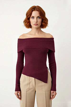 Kadın Premium İplik Fitted Carmen Yaka İnce Triko Uzun Kol Düz Kazak İlkbahar Sonbahar İçin Modern