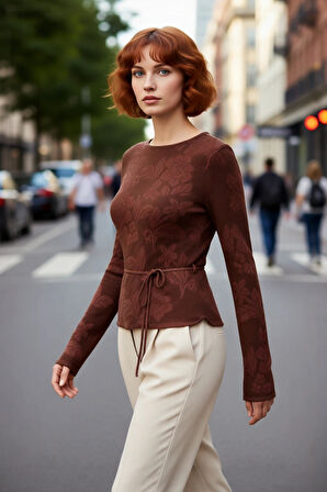 Kadın Uzun Kollu Fitted Triko Kazak İlkbahar Sonbahar İçin Çiçek Desenli Zarif Günlük Seçim