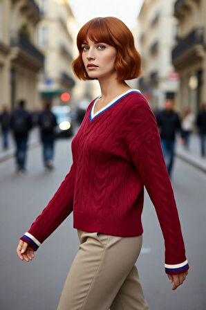 Kadın Şık V Yaka Kolej Temalı Triko Kazak Regular Kalıp Rahat Kullanım Orta Kalınlık Gündelik