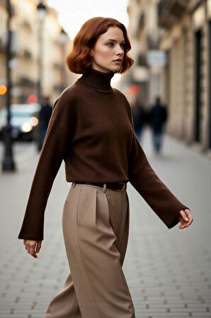 Kadın Oversize Balıkçı Yaka Düşük Kol Triko Kazak Süper Crop Boy Kışlık Rahat Ve Şık Tasarım