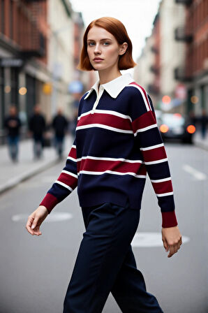 Kadın Casual Triko Polo Yaka Kazak Oversize Rahat Kalıbı ve Renk Bloklarıyla Sonbahar Kış Kaliteli