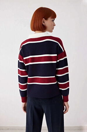 Kadın Casual Triko Polo Yaka Kazak Oversize Rahat Kalıbı ve Renk Bloklarıyla Sonbahar Kış Kaliteli