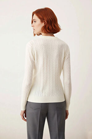 Kadın Casual Bisiklet Yaka Saç Örgü Desenli Uzun Kollu Akrilik Triko Kazak At Nakışlı Kaliteli