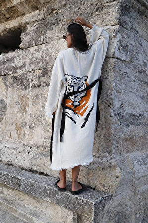 Müslin Kimono %100 Pamuklu Kaplan Baskılı Desenli Bornoz Kaftan Sabahlık