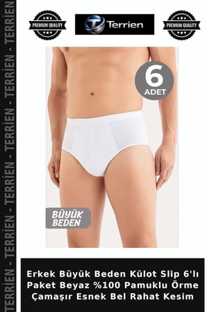 Erkek Büyük Beden Külot Slip 6'lı Paket Beyaz %100 Pamuklu Örme Çamaşır Esnek Bel Rahat Kesim