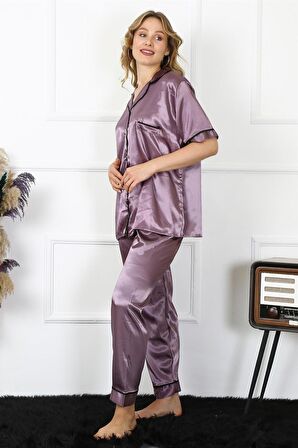 Beruflic Kadın Büyük Beden Mor Saten Pijama Takımı 10303