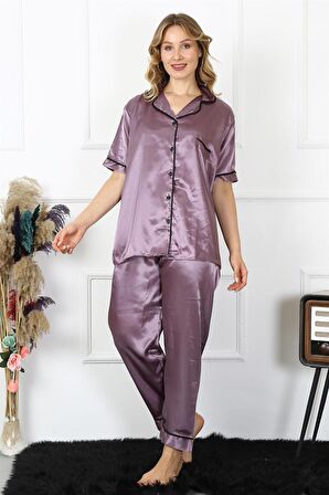 Beruflic Kadın Büyük Beden Mor Saten Pijama Takımı 10303