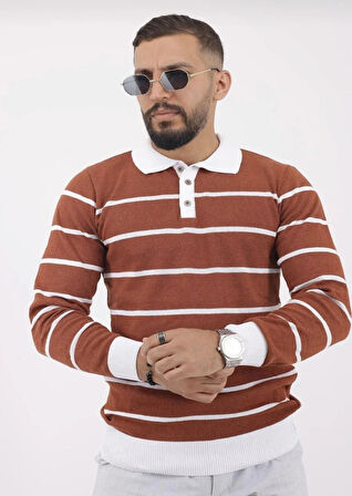 Polo Yaka Düğmeli Çizgili Triko Kazak (MANKEN: BOY 185 KİLO 83)
