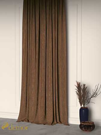 Demor Home Kakao Kahverengi Keten Dokulu Pileli Yüksek Kalite Fon Perde