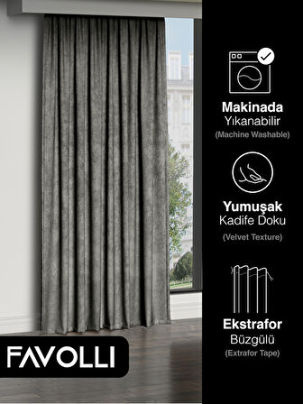 FAVOLLİ Kadife Dokulu Gri Ada Fon Perde Ekstrafor Büzgülü Dream Series