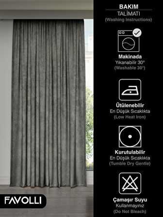 FAVOLLİ Kadife Dokulu Gri Ada Fon Perde Ekstrafor Büzgülü Dream Series