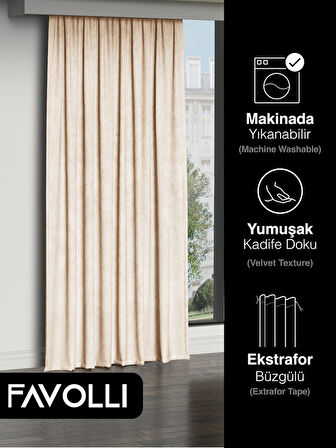FAVOLLİ Kadife Dokulu Ekru Ada Fon Perde Ekstrafor Büzgülü Dream Series