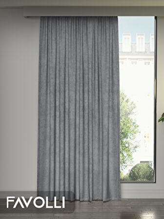 FAVOLLİ Kadife Dokulu Gümüş Grisi Ada Fon Perde Ekstrafor Büzgülü Dream Series
