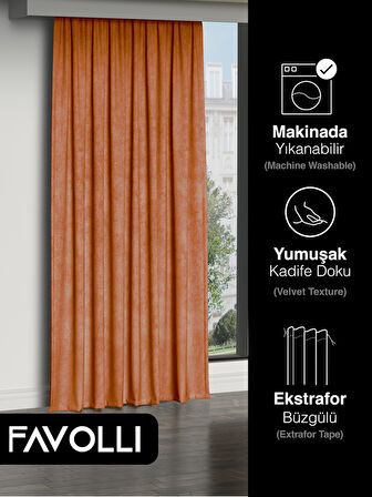 FAVOLLİ Kadife Dokulu Turuncu Ada Fon Perde Ekstrafor Büzgülü Dream Series