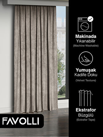 FAVOLLİ Kadife Dokulu Taş Rengi Ada Fon Perde Ekstrafor Büzgülü Dream Series