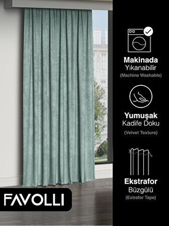 FAVOLLİ Kadife Dokulu Sis Mavisi Ada Fon Perde Ekstrafor Büzgülü Dream Series