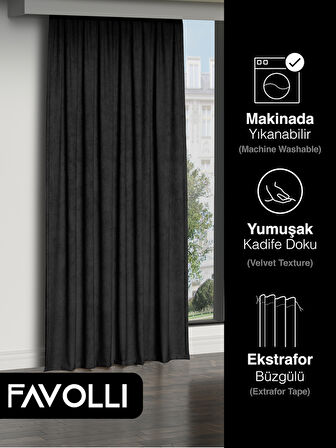 FAVOLLİ Kadife Dokulu Siyah Ada Fon Perde Ekstrafor Büzgülü Dream Series