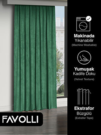 FAVOLLİ Kadife Dokulu Zümrüt Rengi Ada Fon Perde Ekstrafor Büzgülü Dream Series