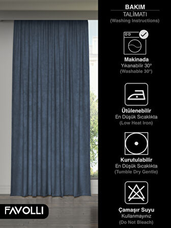 FAVOLLİ Kadife Dokulu Derin Mavi Ada Fon Perde Ekstrafor Büzgülü Dream Series