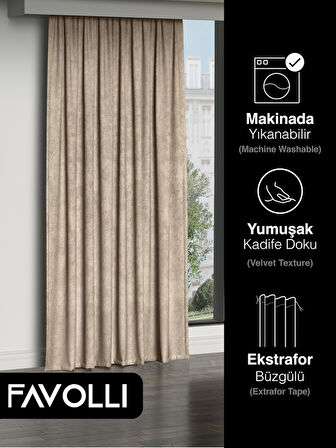 FAVOLLİ Kadife Dokulu Bej Ada Fon Perde Ekstrafor Büzgülü Dream Series