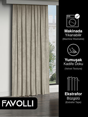 FAVOLLİ Kadife Dokulu Keten Rengi Ada Fon Perde Ekstrafor Büzgülü Dream Series