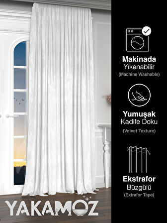 Yakamoz Kadife Görünüm Beyaz Renk Ada Fon Perde Ekstraforlu Velvet Touch Serisi