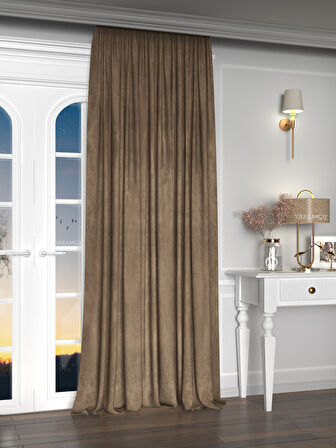 Yakamoz Kadife Görünüm Kaju Rengi Ada Fon Perde Ekstraforlu Velvet Touch Serisi