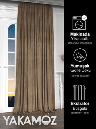 Yakamoz Kadife Görünüm Kaju Rengi Ada Fon Perde Ekstraforlu Velvet Touch Serisi
