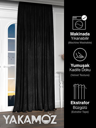 Yakamoz Kadife Görünüm Siyah Ada Fon Perde Ekstraforlu Velvet Touch Serisi