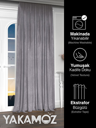 Yakamoz Kadife Görünüm Gümüş Grisi Ada Fon Perde Ekstraforlu Velvet Touch Serisi