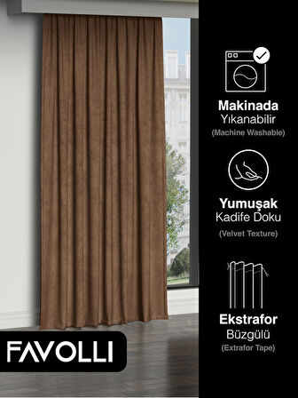 FAVOLLİ Kadife Dokulu Kahverengi Ada Fon Perde Ekstrafor Büzgülü Dream Series