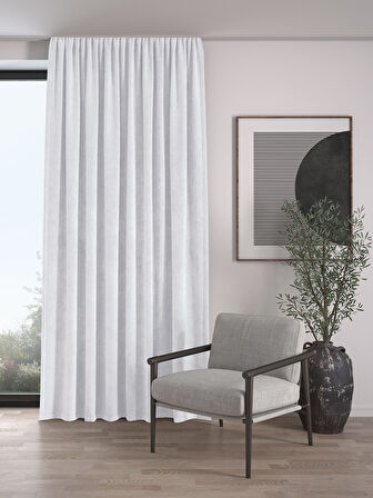 Kadife Dokulu Ekstrafor Büzgülü Kar Beyazı Yüksek Kalite Fon Perde Tek Kanat