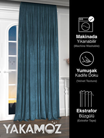 Yakamoz Kadife Görünüm Güvercin Mavisi Ada Fon Perde Ekstraforlu Velvet Touch Serisi