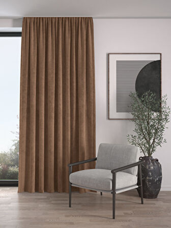 Kadife Dokulu Ekstrafor Büzgülü Çikolata Kahvesi Rengi Yüksek Kalite Fon Perde Tek Kanat