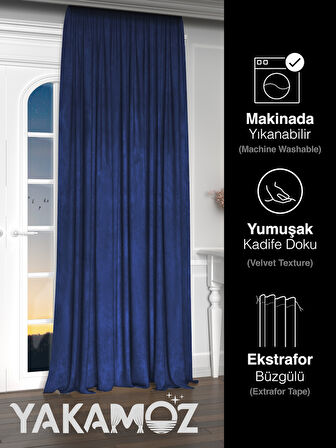 Yakamoz Kadife Görünüm Gece Mavisi Ada Fon Perde Ekstraforlu Velvet Touch Serisi
