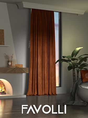 Kadife Dokulu Kiremit Rengi Ada Fon Perde Ekstrafor Büzgülü Dream Series