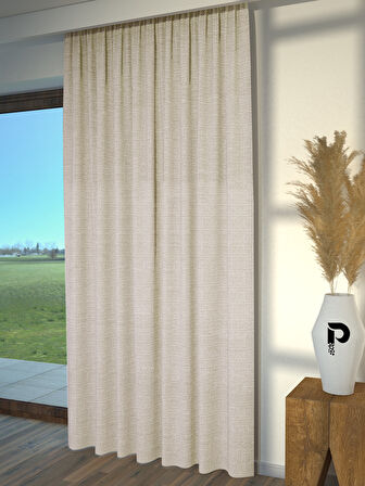 PERLE Ekru Renk Keten Dokulu Fon Perde Ekstrafor Büzgülü