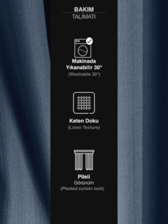 Favolli İndigo Rengi Pileli Keten Dokulu Fon Perde 
