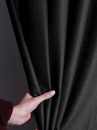 Favolli Siyah Renk Pileli Keten Dokulu Fon Perde 