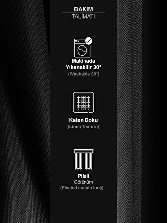 Favolli Siyah Renk Pileli Keten Dokulu Fon Perde 