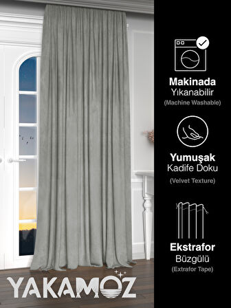 Yakamoz Kadife Görünüm Açık Gri Ada Fon Perde Ekstraforlu Velvet Touch Serisi