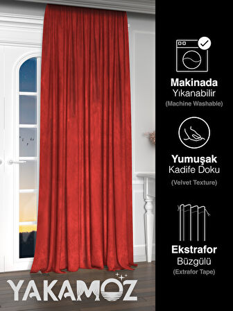 Yakamoz Kadife Görünüm Kırmızı Ada Fon Perde Ekstraforlu Velvet Touch Serisi